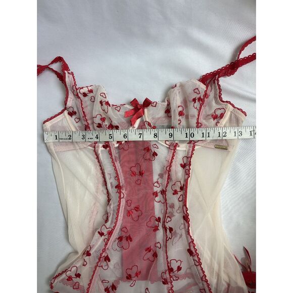 Adore Me Red Corset Lingerie Top Bustier 36B Romantic Mesh Lace Hearts Date - Picture 10 of 11